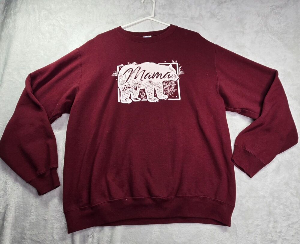 Mama Bear Sweatshirt Women's Large Wine Burgundy Soft Cottagecore Rustic Warm